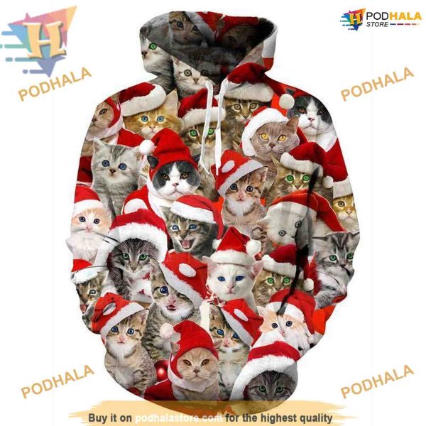 3D Christmas Cat Printed Hoodie