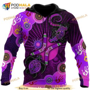 Aboriginal Naidoc Week Purple Turtle Lizard Sun 3D Hoodie Sweatshirt