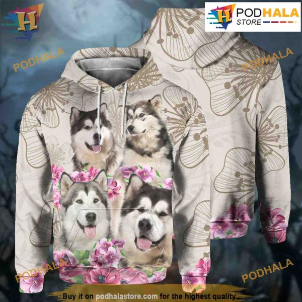 Alaskan Malamute Flower All Over Print 3D Hoodie Shirt Sweatshirt