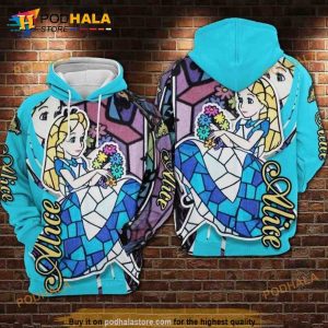 Alice In Wonderland Stained Glass Style Over Print 3D Hoodie Sweatshirt