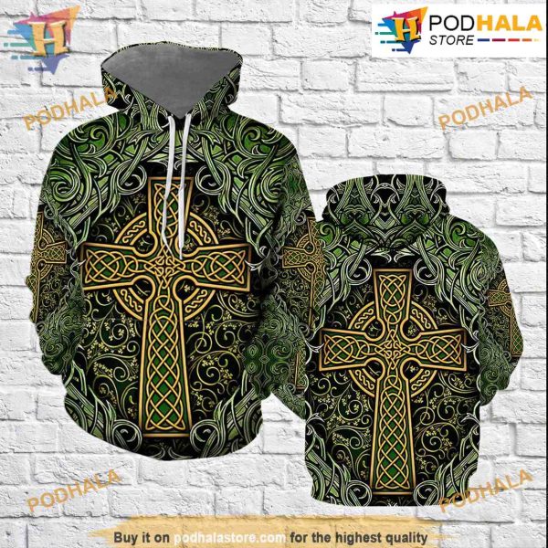 Amazing Celtic Cross St Patrick Green All Over Print 3D Hoodie Shirt Sweatshirt