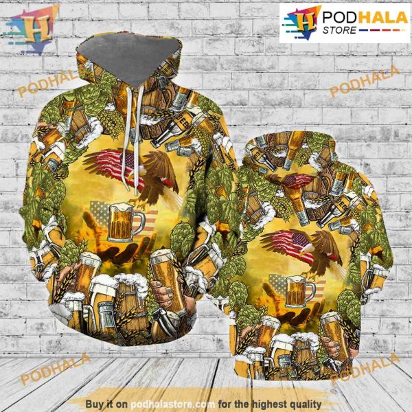 American Eagles And Beer All Over Print 3D Hoodie Shirt Sweatshirt