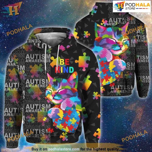 Autism Awareness Cat Be Kind All Over Printed 3D Hoodie Sweatshirt