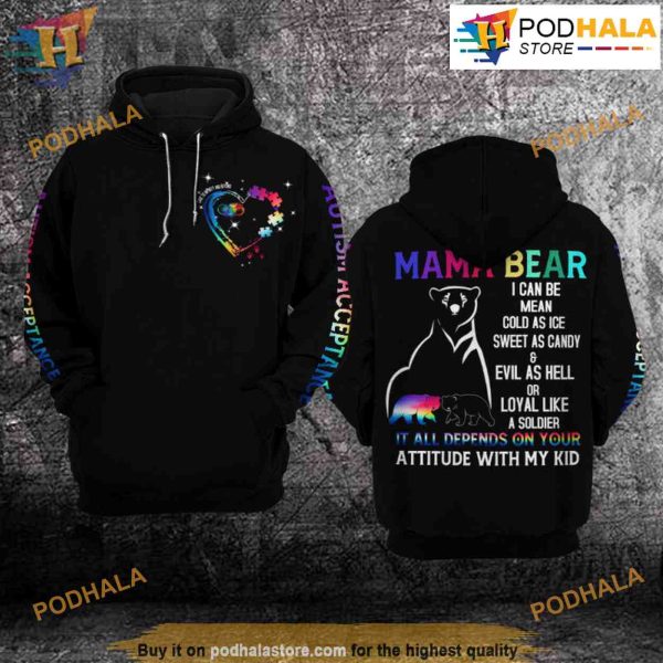 Autism Awareness Mama Bear All Over Print 3D Hoodie Shirt Sweatshirt