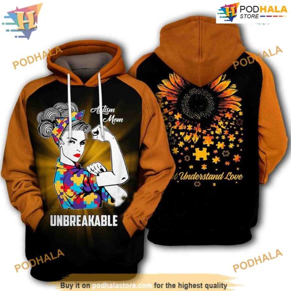 Autism Mom Unbreakable Sunflower All Over Printed 3D Hoodie Sweatshirt