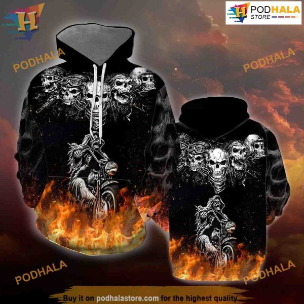 Biker Skulls On The Fire All Over Printed 3D Hoodie Sweatshirt