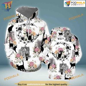 Black Cats With Flowers All Over Printed 3D Hoodie Sweatshirt