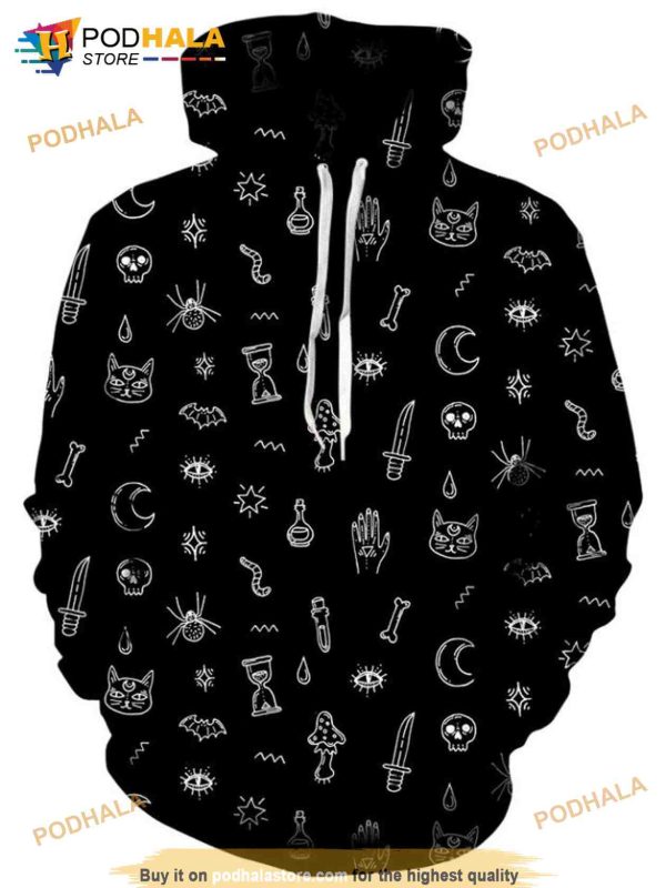 Black Pattern Witchcraft Doodle Hoodie 3D