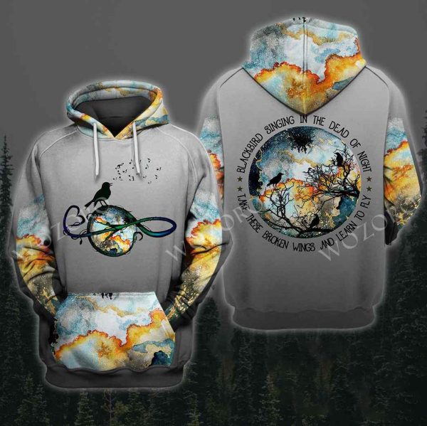 Blackbird Singing In The Dead Of Night Take These Broken Wings And Learn To Fly Hippie 3D Hoodie