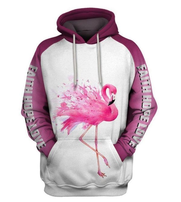 Breast Cancer Awareness Faith Hope Love Flamingo 3D Hoodie Sweatshirt