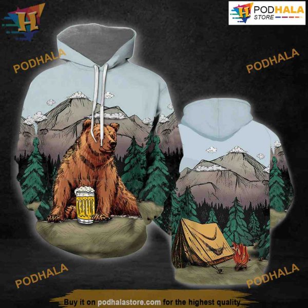 Brown Bear Camping All Over Printed 3D Hoodie Sweatshirt