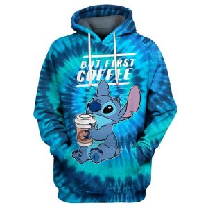 But First Coffee Stitch Tie Dye Over Print 3D Hoodie Sweatshirt