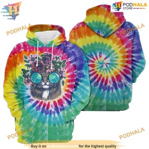 Cat Portrait With Floral Tie Dye Unisex 3D Funny Christmas Hoodie