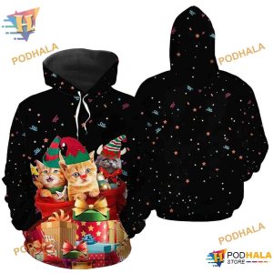 Cat Present Xmas Pattern Black Unisex 3D Hoodie Sweatshirt