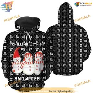 Chilling With My Snowmies Pattern On Black 3D Funny Christmas Hoodie