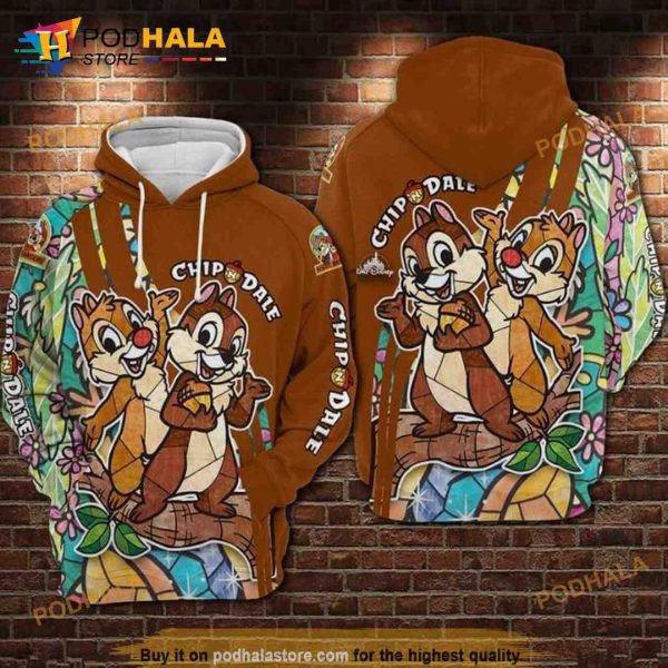 Chip N Dale Stained Glass Disney Over Print 3D Hoodie Sweatshirt