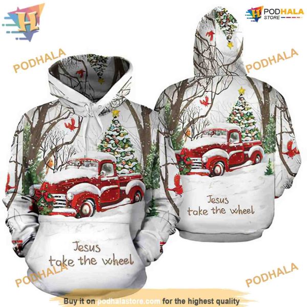 Christ Take The Wheel Pattern On White Funny Christmas Hoodie