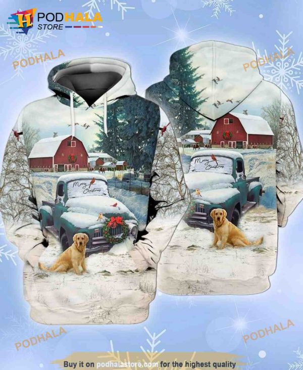 Christmas Farm Blue Truck With Red Barn And Retriever Dog 3D Hoodie