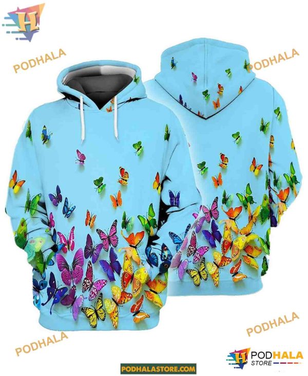 Colorful Butterflies Pattern On Blue Unisex Print All 3D Christmas Hoodie