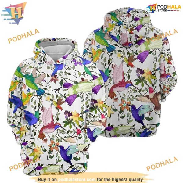 Colors Hummingbird Flower Pattern On White Unisex 3D Christmas Hoodie