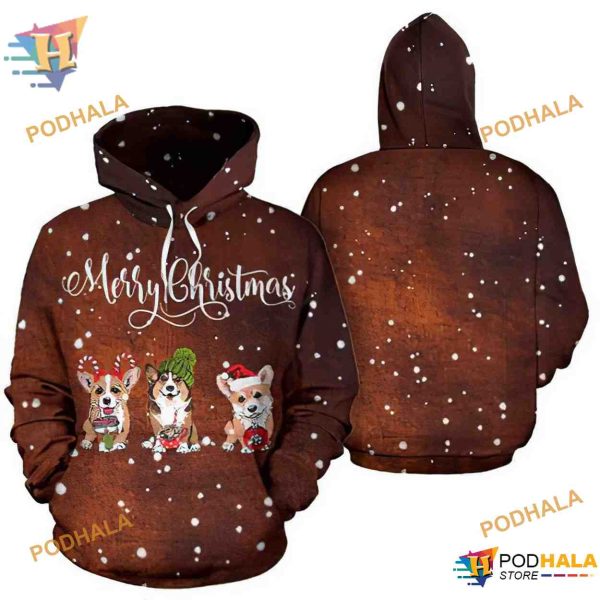 Corgi Merry Christmas Pattern On Brown Unisex 3D Hoodie Sweatshirt