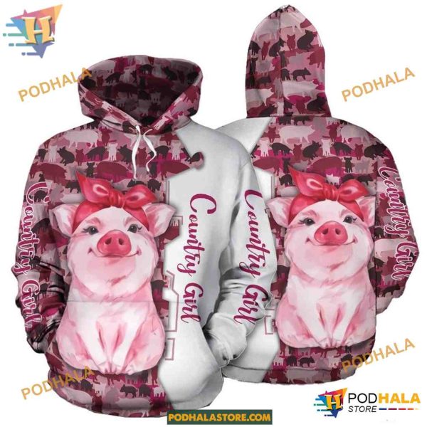 Country Girl Pig Pattern On Pink And White 3D Christmas Hoodie