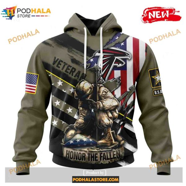 Custom Atlanta Falcons Honor Veterans Kneeling Soldier Design Shirt NFL Hoodie 3D