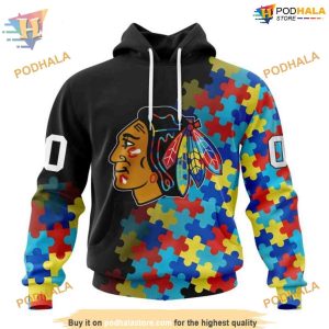 Custom Black Autism Awareness Design NHL Chicago Blackhawks Hoodie 3D