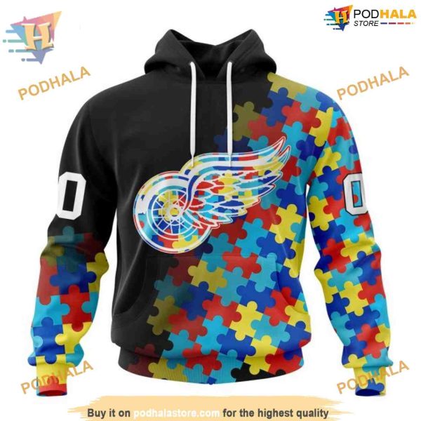 Custom Black Autism Awareness Design NHL Detroit Red Wings Hoodie 3D