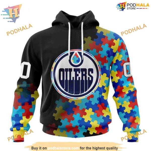 Custom Black Autism Awareness Design NHL Edmonton Oilers Hoodie 3D