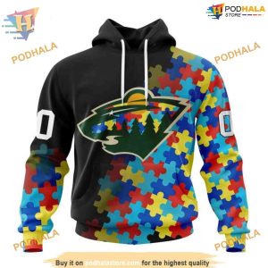 Custom Black Autism Awareness Design NHL Minnesota Wild Hoodie 3D