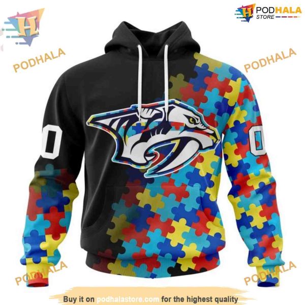 Custom Black Autism Awareness Design NHL Nashville Predators Hoodie 3D