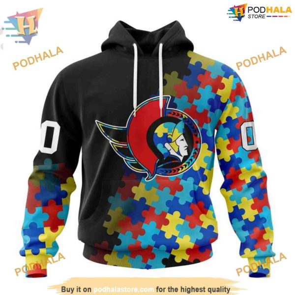 Custom Black Autism Awareness Design NHL Ottawa Senators Hoodie 3D