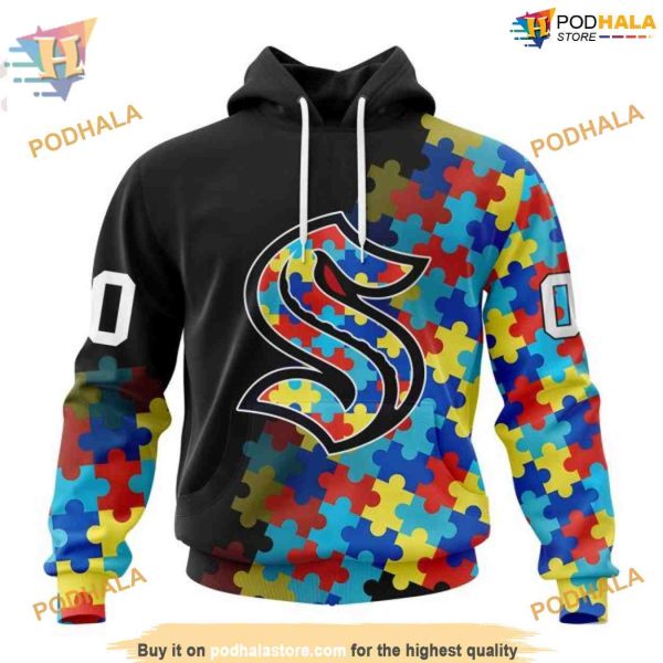 Custom Black Autism Awareness Design NHL Seattle Kraken Hoodie 3D