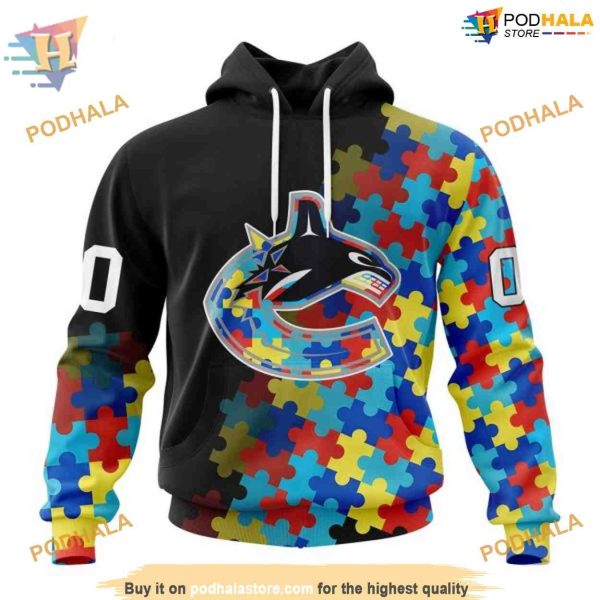 Custom Black Autism Awareness Design NHL Vancouver Canucks Hoodie 3D