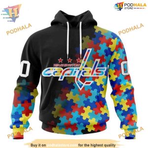 Custom Black Autism Awareness Design NHL Washington Capitals Hoodie 3D