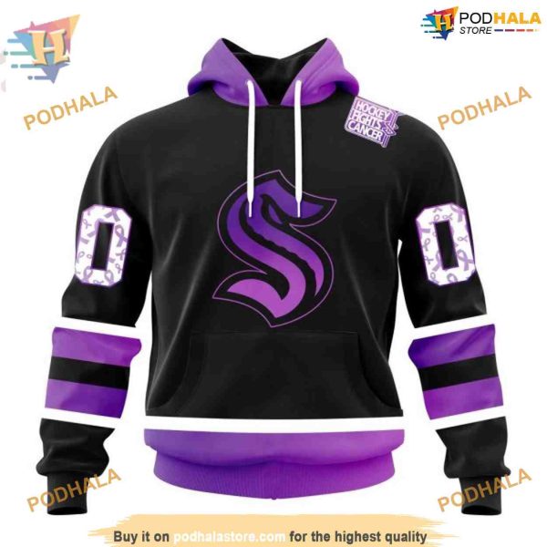 Custom Black Hockey Fights Cancer Kits NHL Seattle Kraken Hoodie 3D