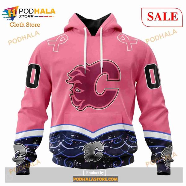 Custom Calgary Flames Unisex For Hockey Fights Cancer Sweatshirt NHL Hoodie 3D