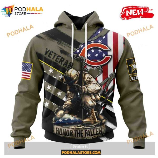 Custom Chicago Bears Honor Veterans Kneeling Soldier Design Shirt NFL Hoodie 3D