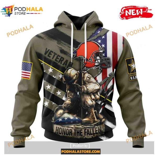 Custom Cleveland Browns Honor Veterans Kneeling Soldier Design Shirt NFL Hoodie 3D