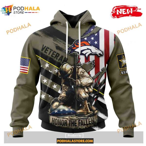 Custom Denver Broncos Honor Veterans Kneeling Soldier Design Shirt NFL Hoodie 3D