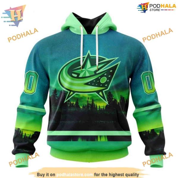 Custom Design With Northern Light Full Printed NHL Columbus Blue Jackets Hoodie 3D