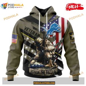 Custom Detroit Lions Honor Veterans Kneeling Soldier Design Shirt NFL Hoodie 3D