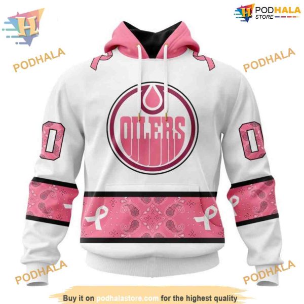 Custom IN OCTOBER WE WEAR PINK BREAST CANCER NHL Edmonton Oilers Hoodie 3D