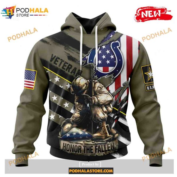 Custom Indianapolis Colts Honor Veterans Kneeling Soldier Design Shirt NFL Hoodie 3D