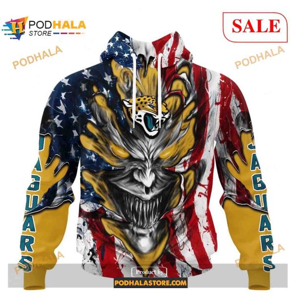 Custom Jacksonville Jaguars Demon Face American Flag Shirt NFL Hoodie 3D