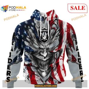 Custom Las Vegas Raiders Demon Face American Flag Shirt NFL Hoodie 3D