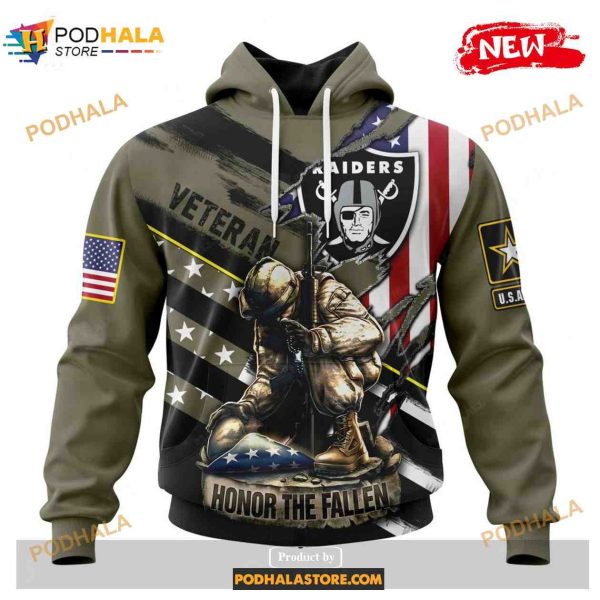 Custom Las Vegas Raiders Honor Veterans Kneeling Soldier Design Shirt NFL Hoodie 3D