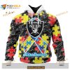 Custom Las Vegas Raiders Special Autism Puzzle Game Stripes Design NFL Hoodie 3D