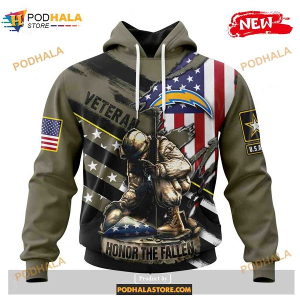 Custom Los Angeles Chargers Honor Veterans Kneeling Soldier Design Shirt NFL Hoodie 3D